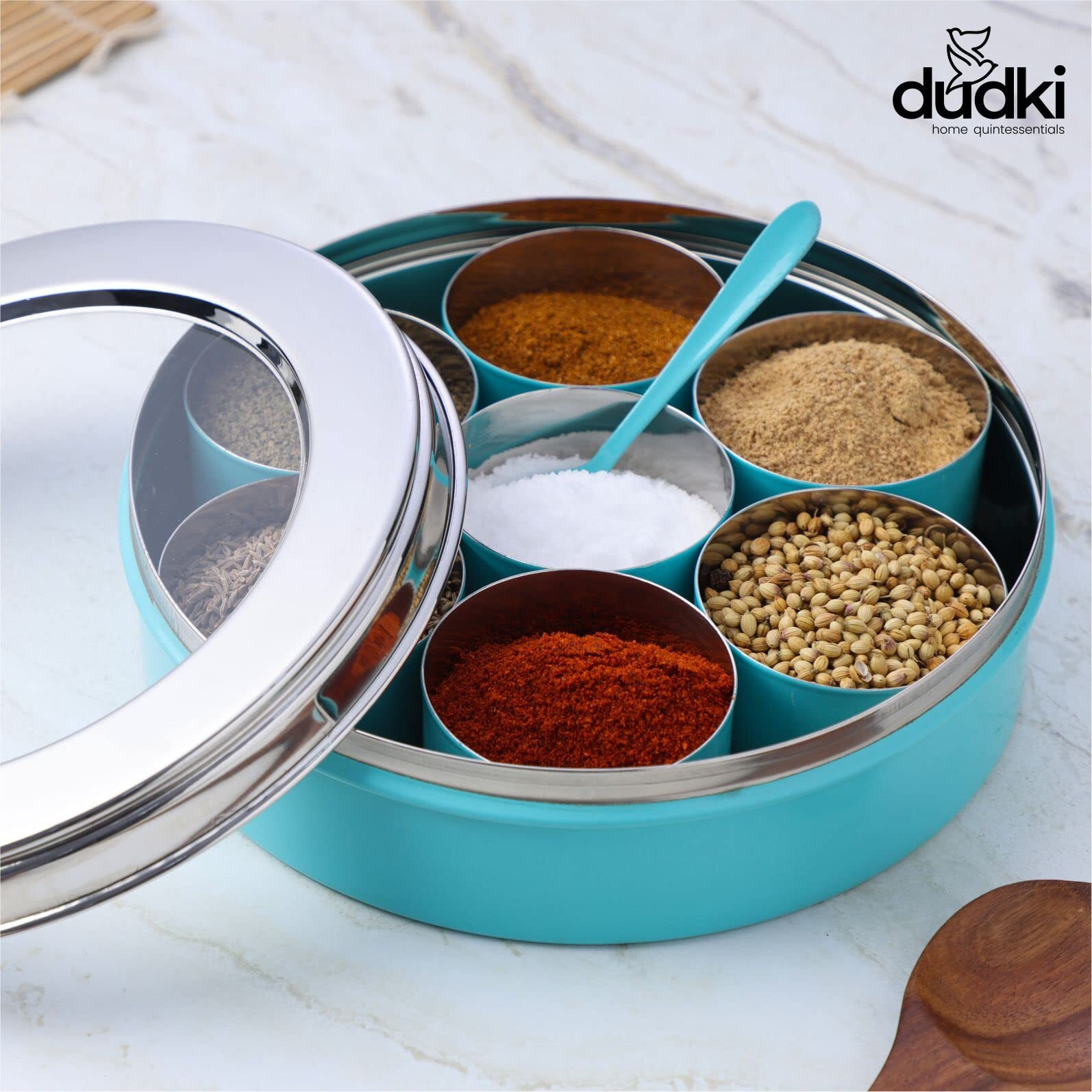 Dudki 7 In 1 Stainless Steel Spice Box For Kitchen Sturdy Masala Dabba Jar For Spices Minimal Design (Aqua), Blue
