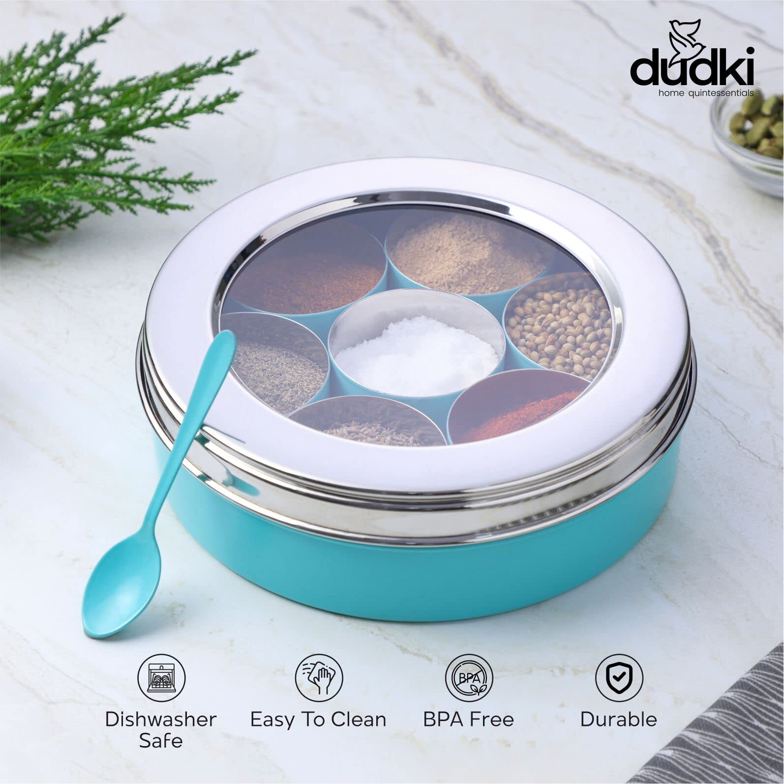 Dudki 7 In 1 Stainless Steel Spice Box For Kitchen Sturdy Masala Dabba Jar For Spices Minimal Design (Aqua), Blue