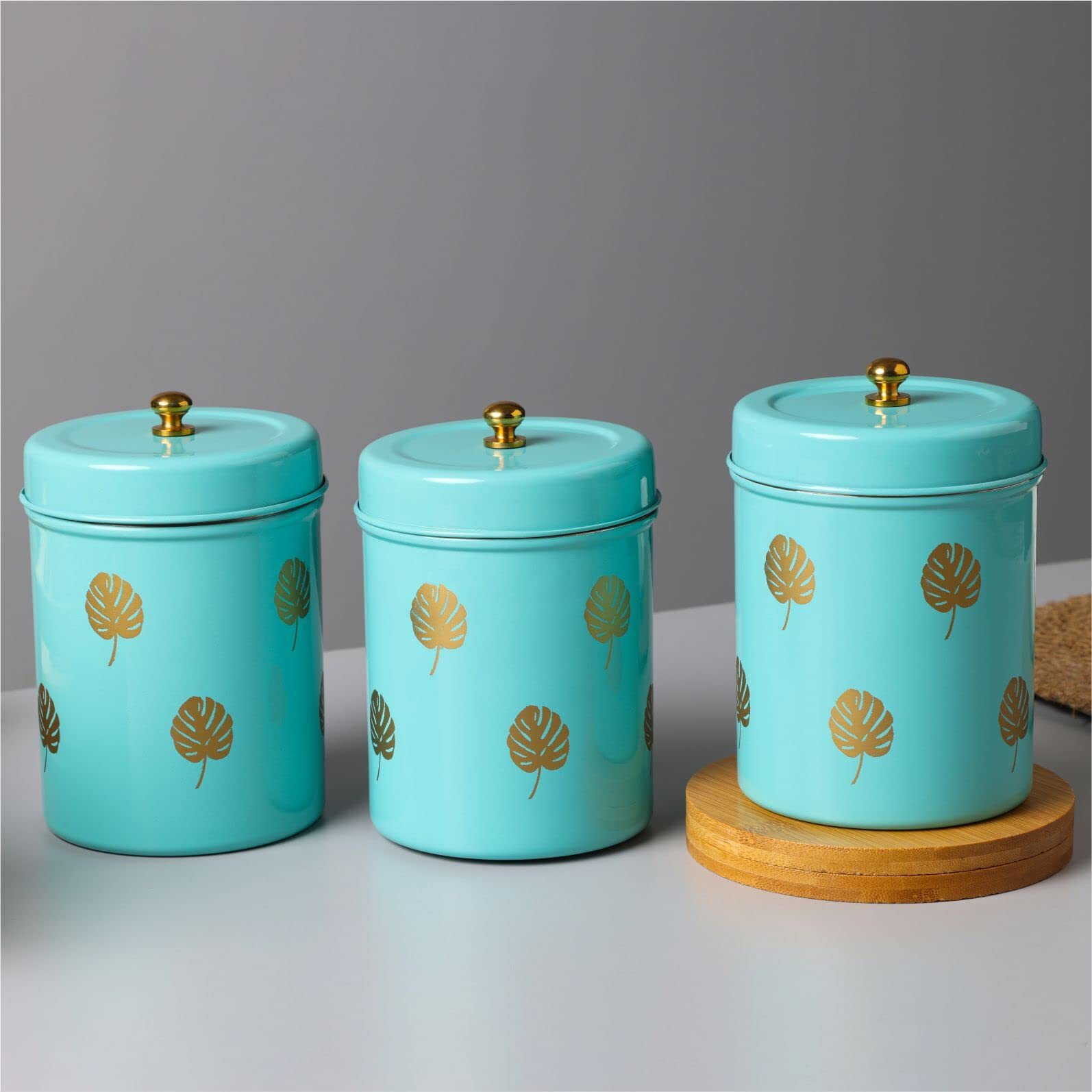 Anantam Homes Decorative Leaf Design Canister Set With Lid For Kitchen Counter Top Airtight Stainless Steel Food Storage Container With Lids For Flour Sugar Cereal Coffee Tea (Set Of 3) (Aqua), Blue