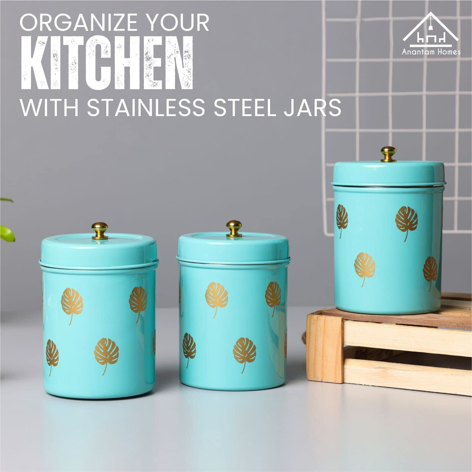 Anantam Homes Decorative Leaf Design Canister Set With Lid For Kitchen Counter Top Airtight Stainless Steel Food Storage Container With Lids For Flour Sugar Cereal Coffee Tea (Set Of 3) (Aqua), Blue
