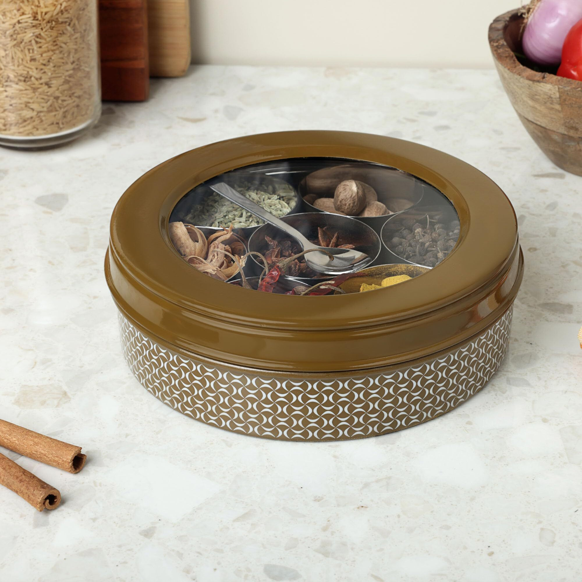 Dudki 7 In 1 Stainless Steel Spice Box For Kitchen Sturdy Masala Dabba Jar For Spices Seamless Design (Harvest Brown)