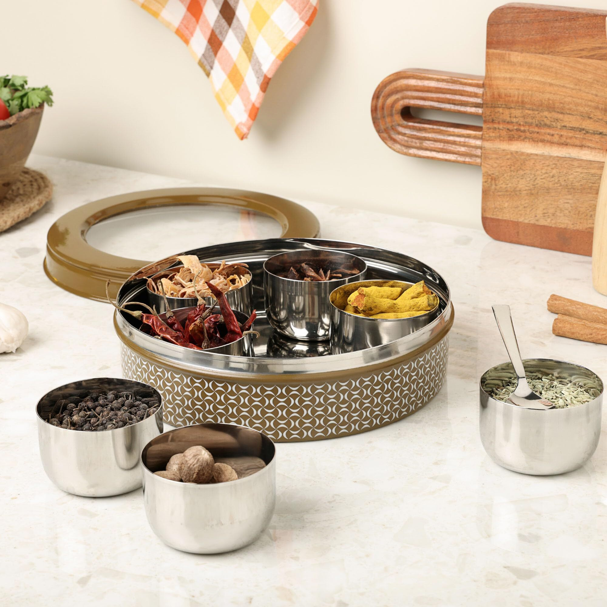 Dudki 7 In 1 Stainless Steel Spice Box For Kitchen Sturdy Masala Dabba Jar For Spices Seamless Design (Harvest Brown)