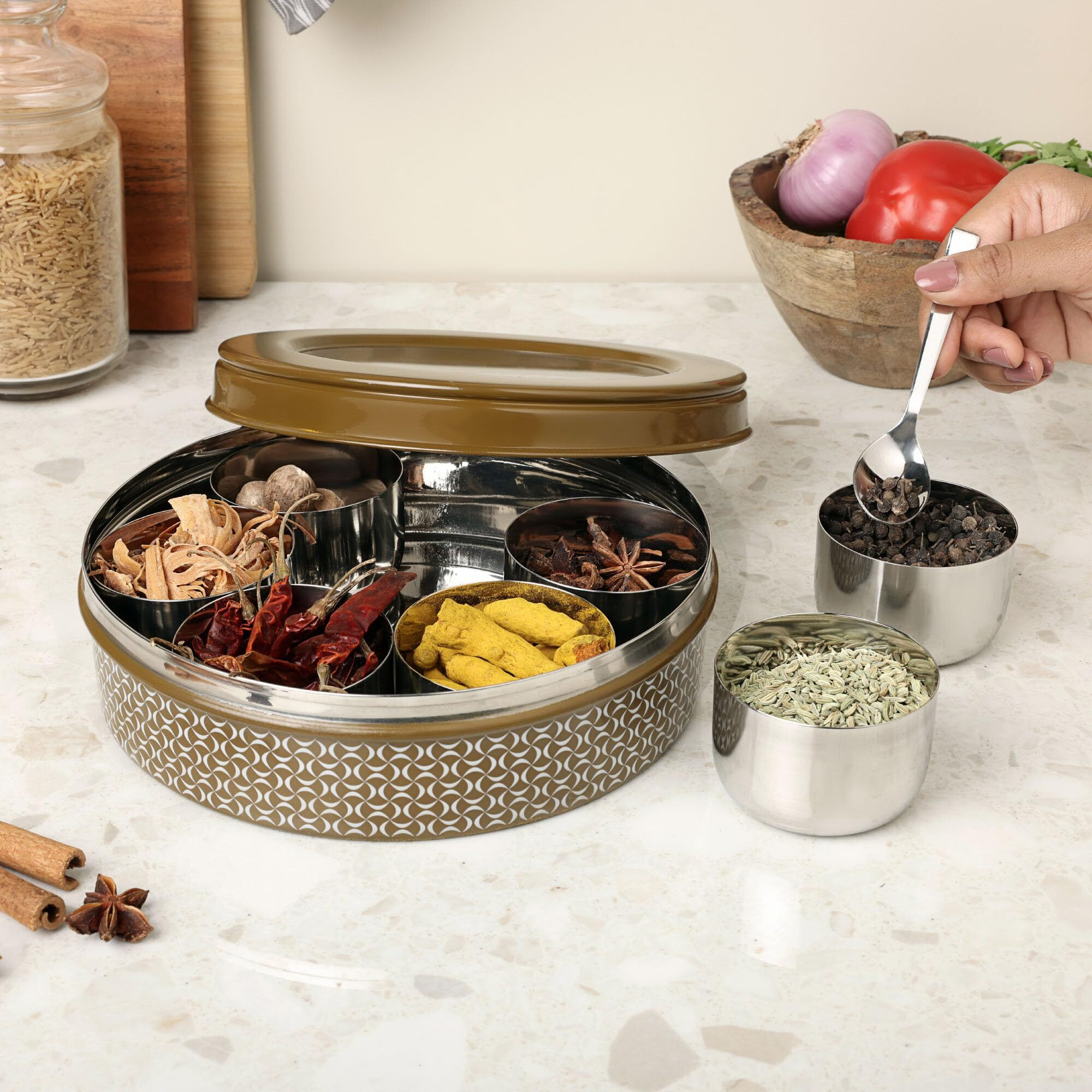 Dudki 7 In 1 Stainless Steel Spice Box For Kitchen Sturdy Masala Dabba Jar For Spices Seamless Design (Harvest Brown)
