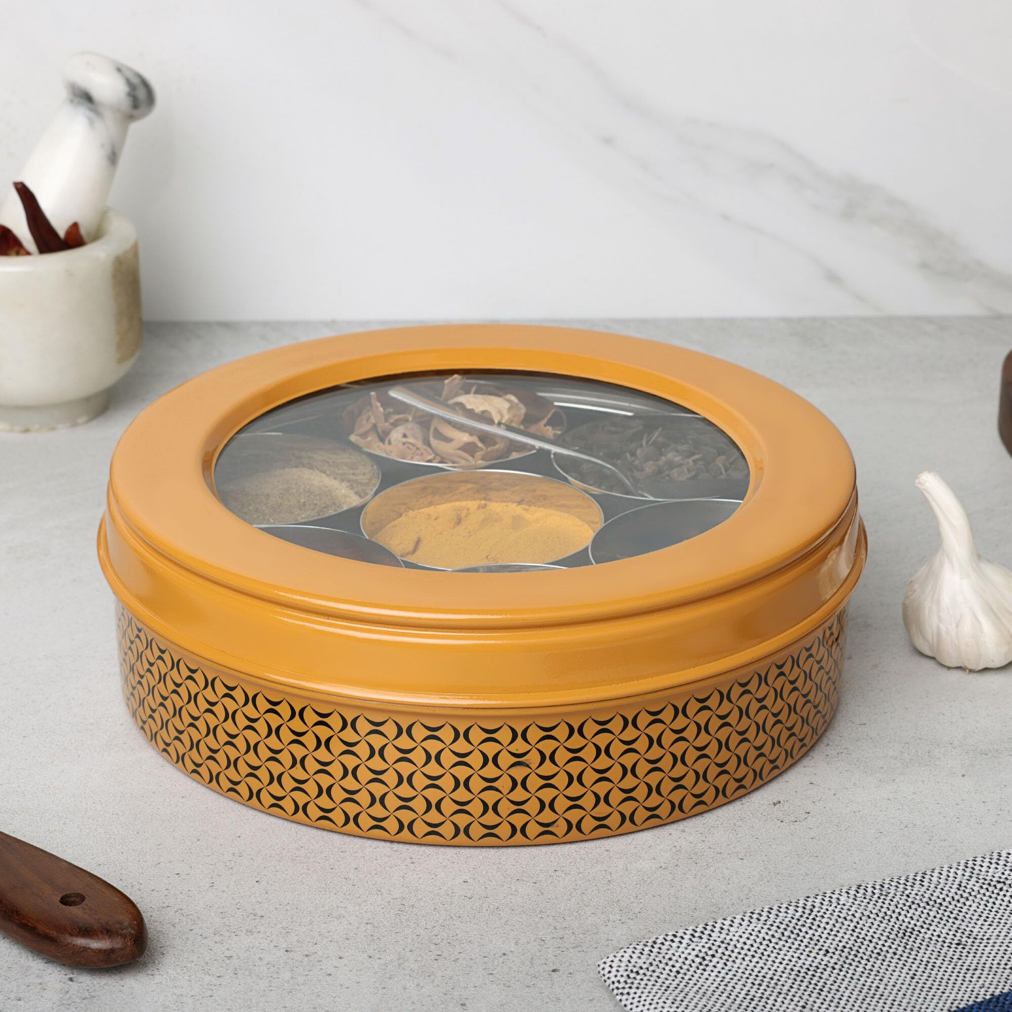 Dudki 7 In 1 Stainless Steel Spice Box For Kitchen Sturdy Masala Dabba Jar For Spices Seamless Design (Caramel Orange)