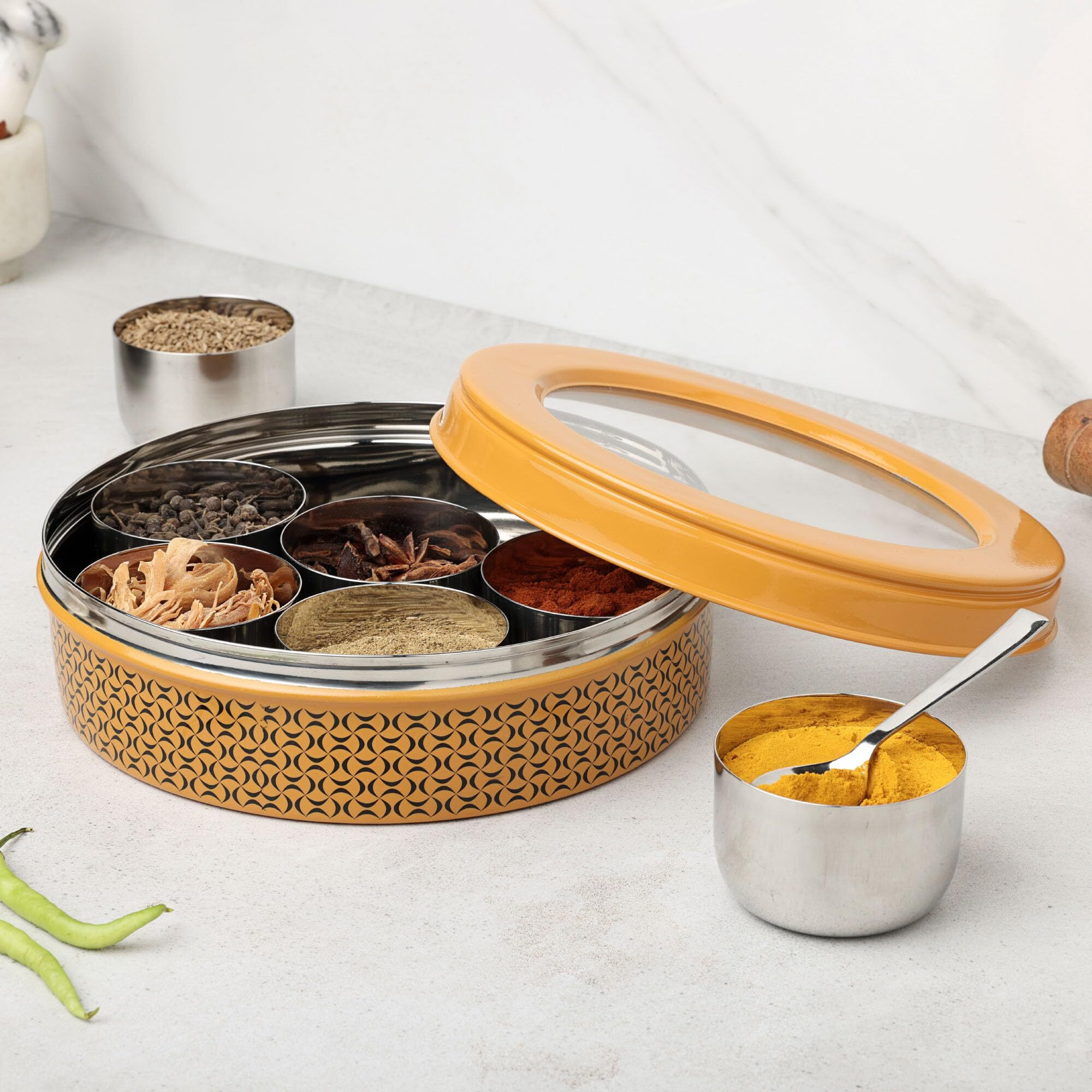 Dudki 7 In 1 Stainless Steel Spice Box For Kitchen Sturdy Masala Dabba Jar For Spices Seamless Design (Caramel Orange)