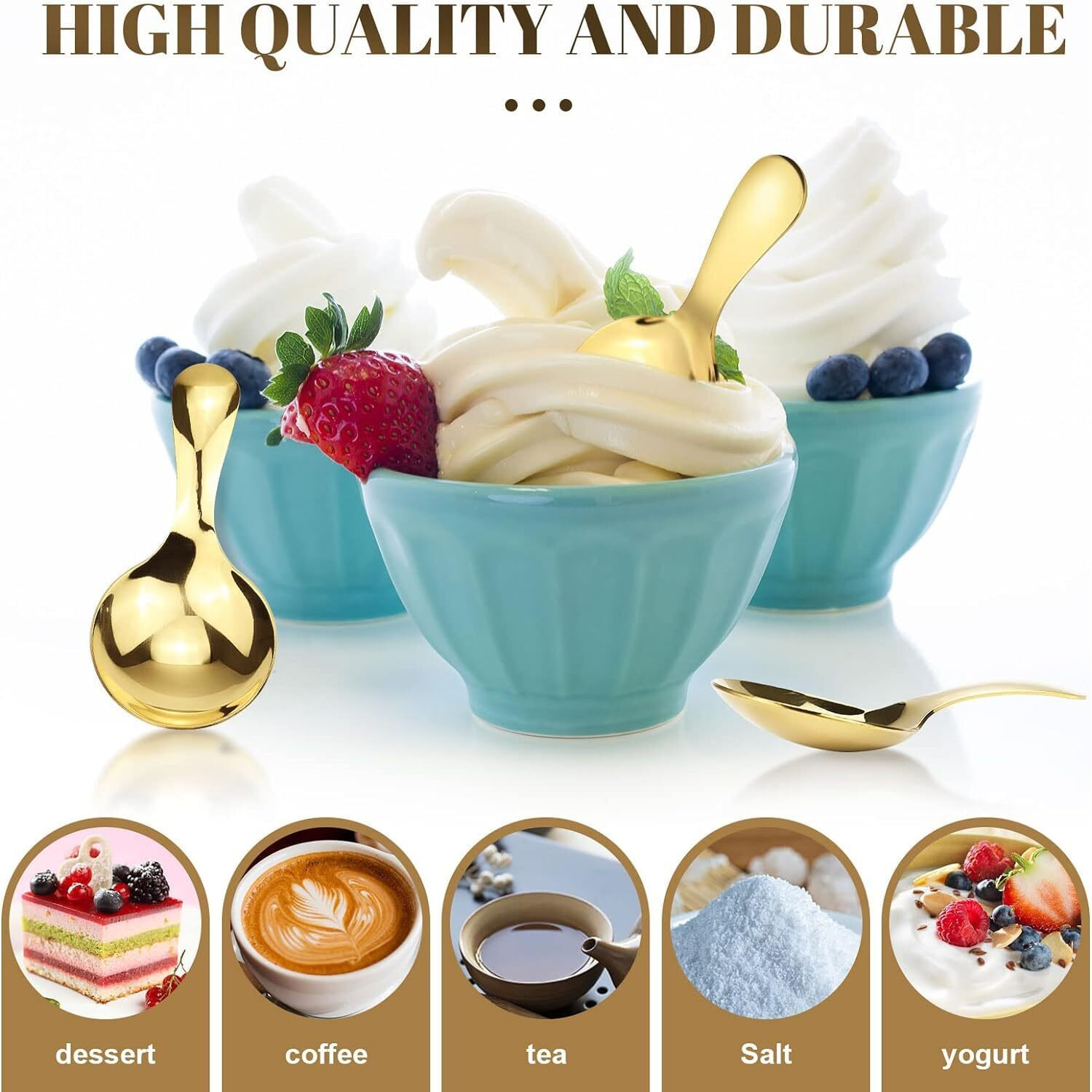 Neouth 4 Pieces Golden Stainless Steel Short Handle Small Spoons Soup Spoons Condiments Spoon Dessert Spoon Salt Sugar Spoon Cute Tiny Tea Coffee Spoons Ice Scream Cake Spoons