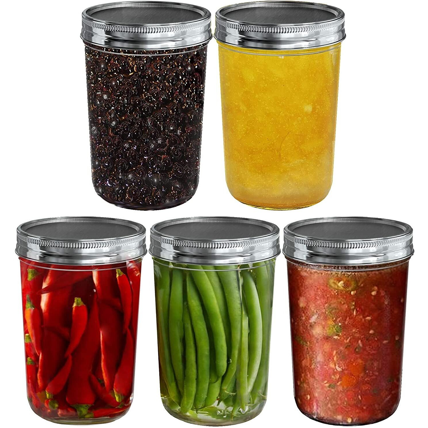 Ash & Roh Glass Mason Jars Full Mouth - Glass Jars With Metal Airtight Lids Perfect Meal Prep, Food Storage, Canning, Drinking Jars, For Jelly, Jam, Dry Food, Spices, Herbs-500 Ml (5, Clear)