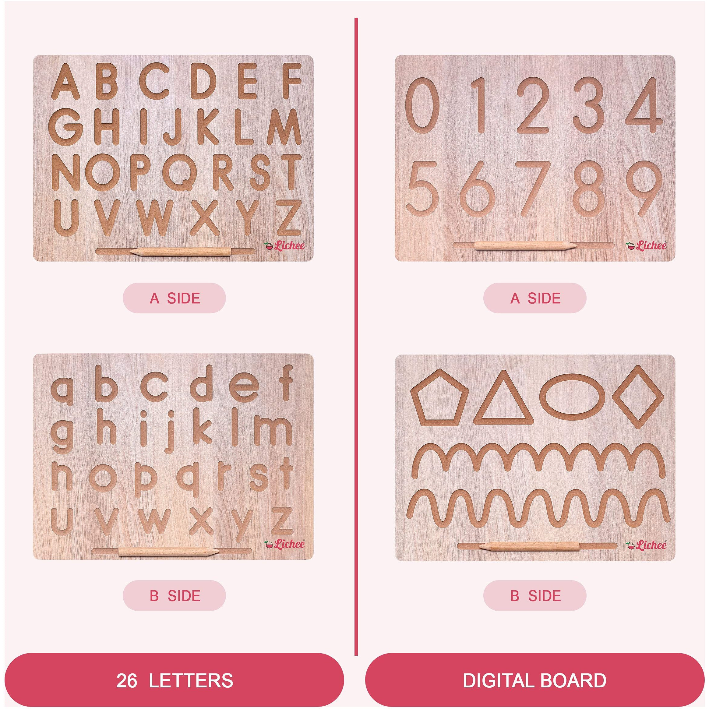 Lichee English Capital Alphabet Letters Learning Educational Puzzle Toy | Capital Word Acbd | Educational Puzzle Toys For 2+ Years Old Kids (Combo Of 2 Board Alphabet, Number And Patten)
