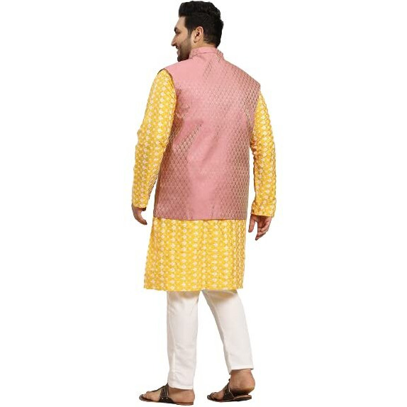 Men's Silk Blend Yellow Embroidered Kurta & Self Design Nehru Jacket With White Churidar SetSize-7Xl