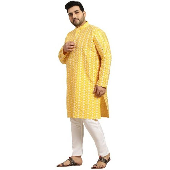 Men's Silk Blend Yellow Embroidered Kurta & Self Design Nehru Jacket With White Churidar SetSize-7Xl