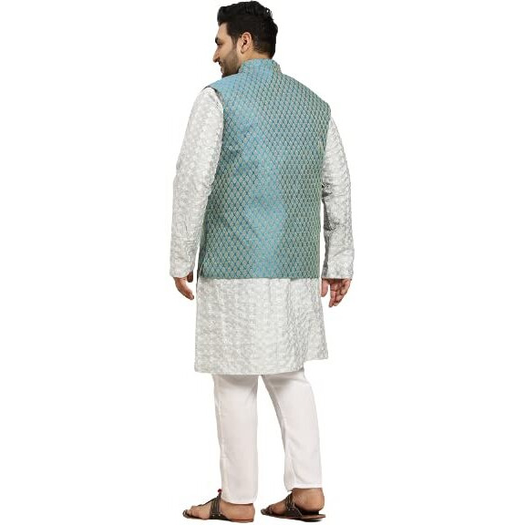 Sojanya Men's Silk Blend Light Grey Embroidered Kurta & Self Design Nehru Jacket With White Churidar SetSize-3Xl