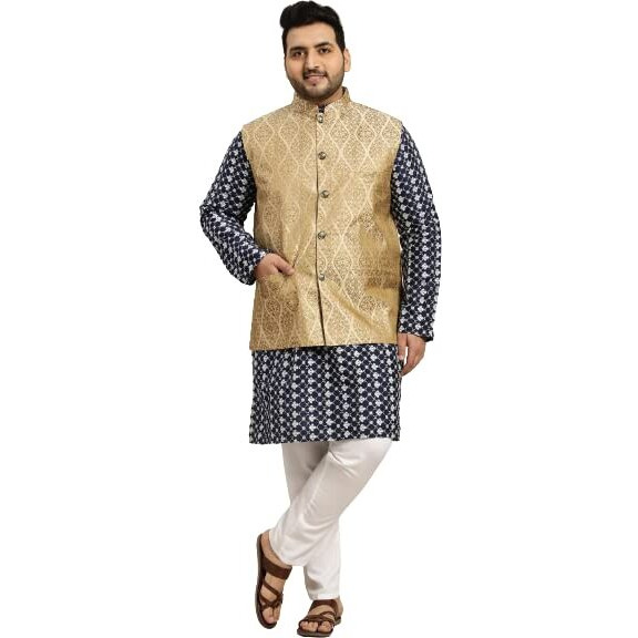 Sojanya Men's Silk Blend Navy Blue Embroidered Kurta & Self Design Nehru Jacket With White Churidar SetSize-5Xl