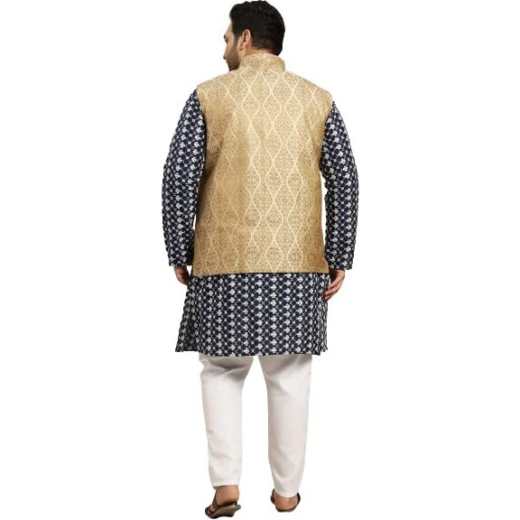 Sojanya Men's Silk Blend Navy Blue Embroidered Kurta & Self Design Nehru Jacket With White Churidar SetSize-5Xl