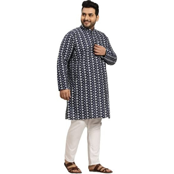 Sojanya Men's Silk Blend Navy Blue Embroidered Kurta & Self Design Nehru Jacket With White Churidar SetSize-5Xl