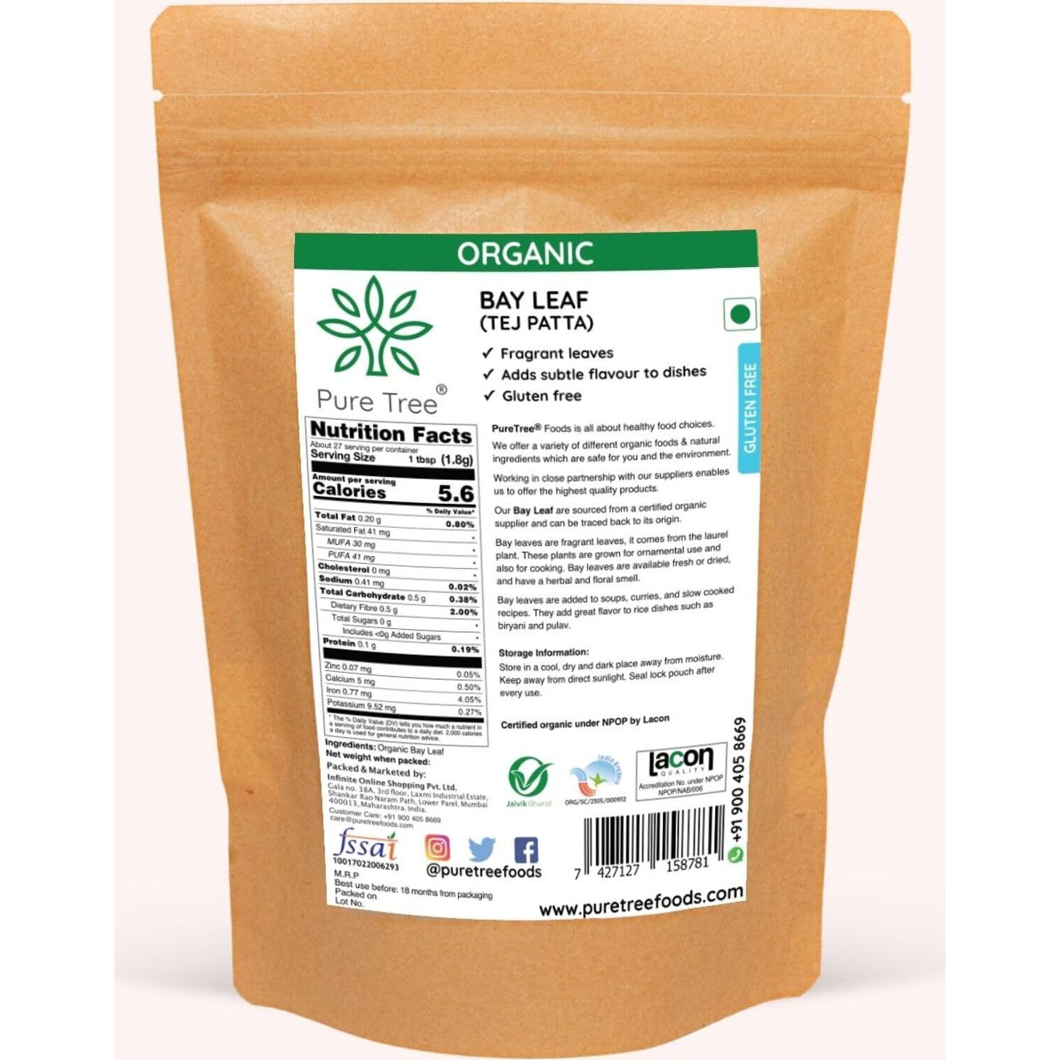 Pure Tree Certified Organic Tej Patta Leaves | 50 Grams | Bay Leaf | Whole Spices | Tez Patta Leaf Aromatic & Flavourful Biryani Leaf | Tejpatta Bay Leaf Organic Spice