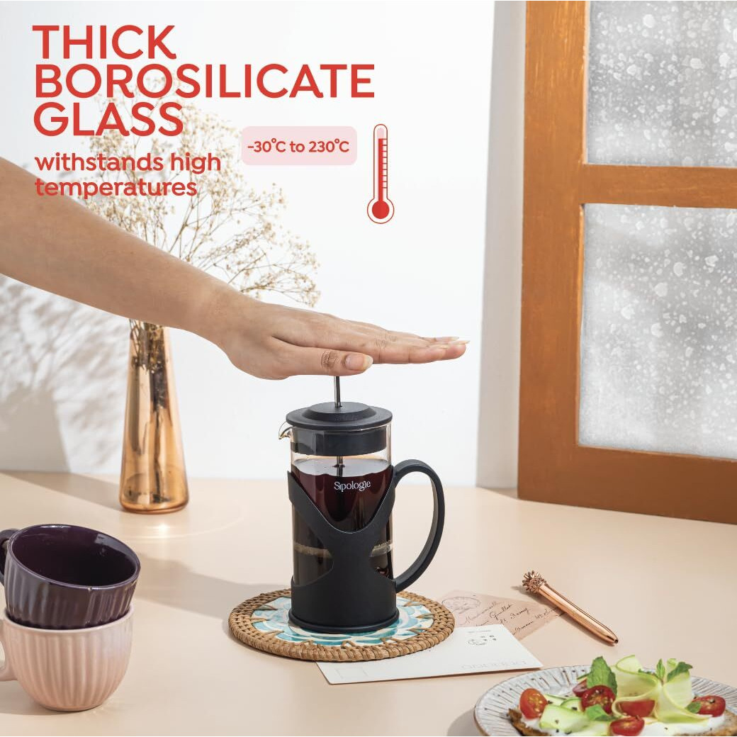 Sipologie Classic French Press Coffee Maker With 4-Level Filtration And Premium Heat Resistant Borosilicate Glass - Compact And Durable Filter Coffee Maker, Tea Maker - 350Ml Coffee Press