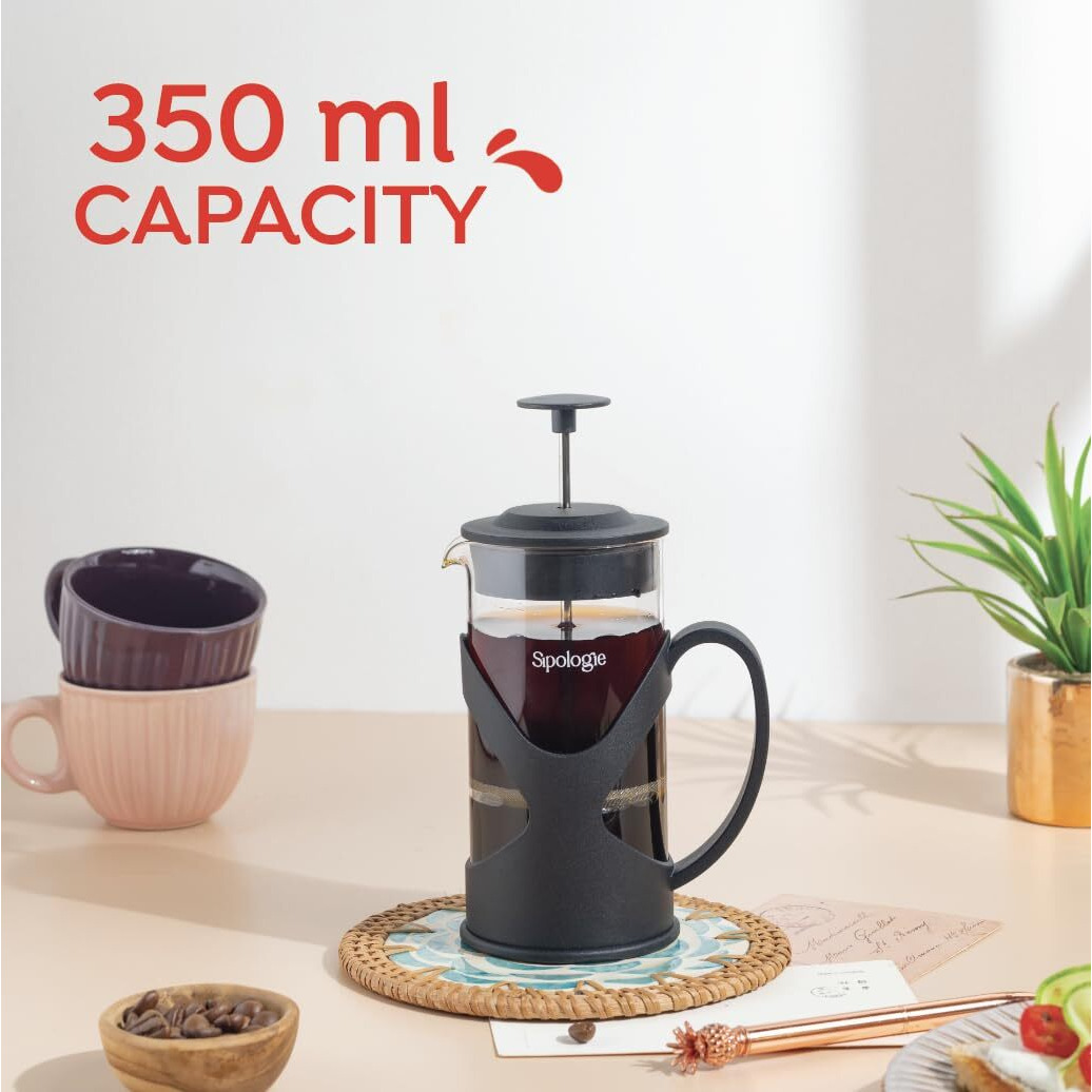 Sipologie Classic French Press Coffee Maker With 4-Level Filtration And Premium Heat Resistant Borosilicate Glass - Compact And Durable Filter Coffee Maker, Tea Maker - 350Ml Coffee Press