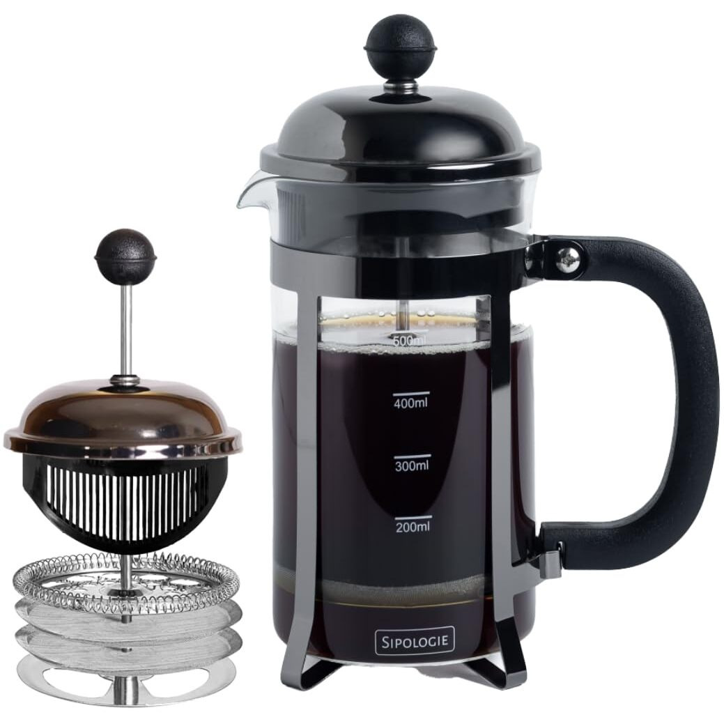 Sipologie Vintage French Press Coffee Maker 600Ml, Black I 4-Level Filtration I Heat Resistant Borosilicate Glass I Stainless Steel Housing | Measurement Marking, Coffee Spoon, Extra Filter Mesh