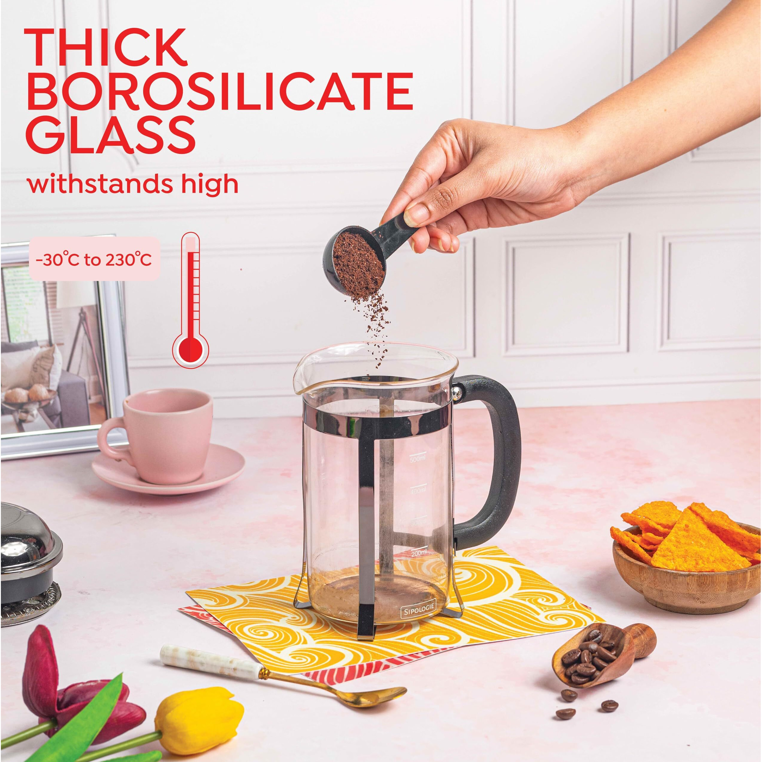 Sipologie Vintage French Press Coffee Maker 600Ml, Black I 4-Level Filtration I Heat Resistant Borosilicate Glass I Stainless Steel Housing | Measurement Marking, Coffee Spoon, Extra Filter Mesh