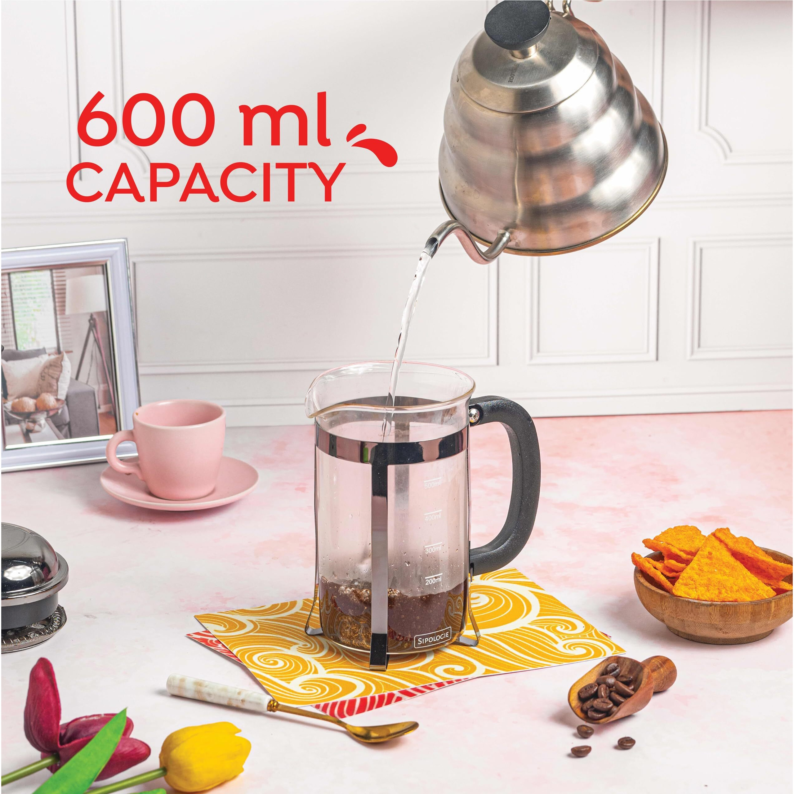 Sipologie Vintage French Press Coffee Maker 600Ml, Black I 4-Level Filtration I Heat Resistant Borosilicate Glass I Stainless Steel Housing | Measurement Marking, Coffee Spoon, Extra Filter Mesh