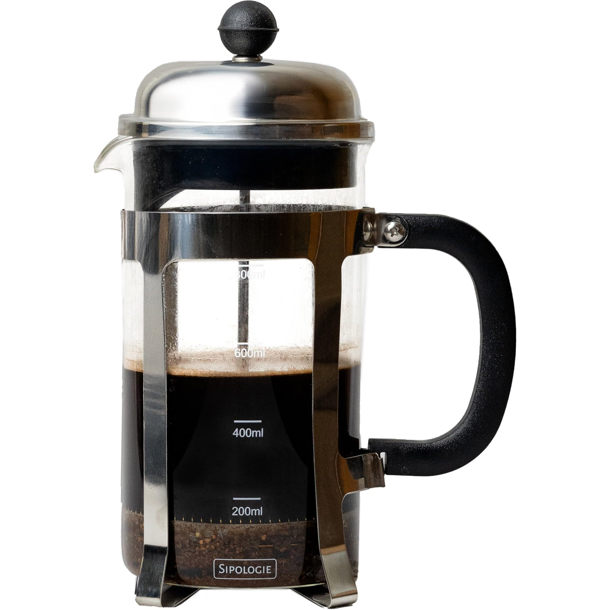 Sipologie Vintage Silver French Press Coffee Maker 1000Ml, Silver, 4-Level Filtration, Heat Resistant Borosilicate Glass, Stainless Steel Housing, Measurement Marking, Coffee Spoon, Extra Filter Mesh