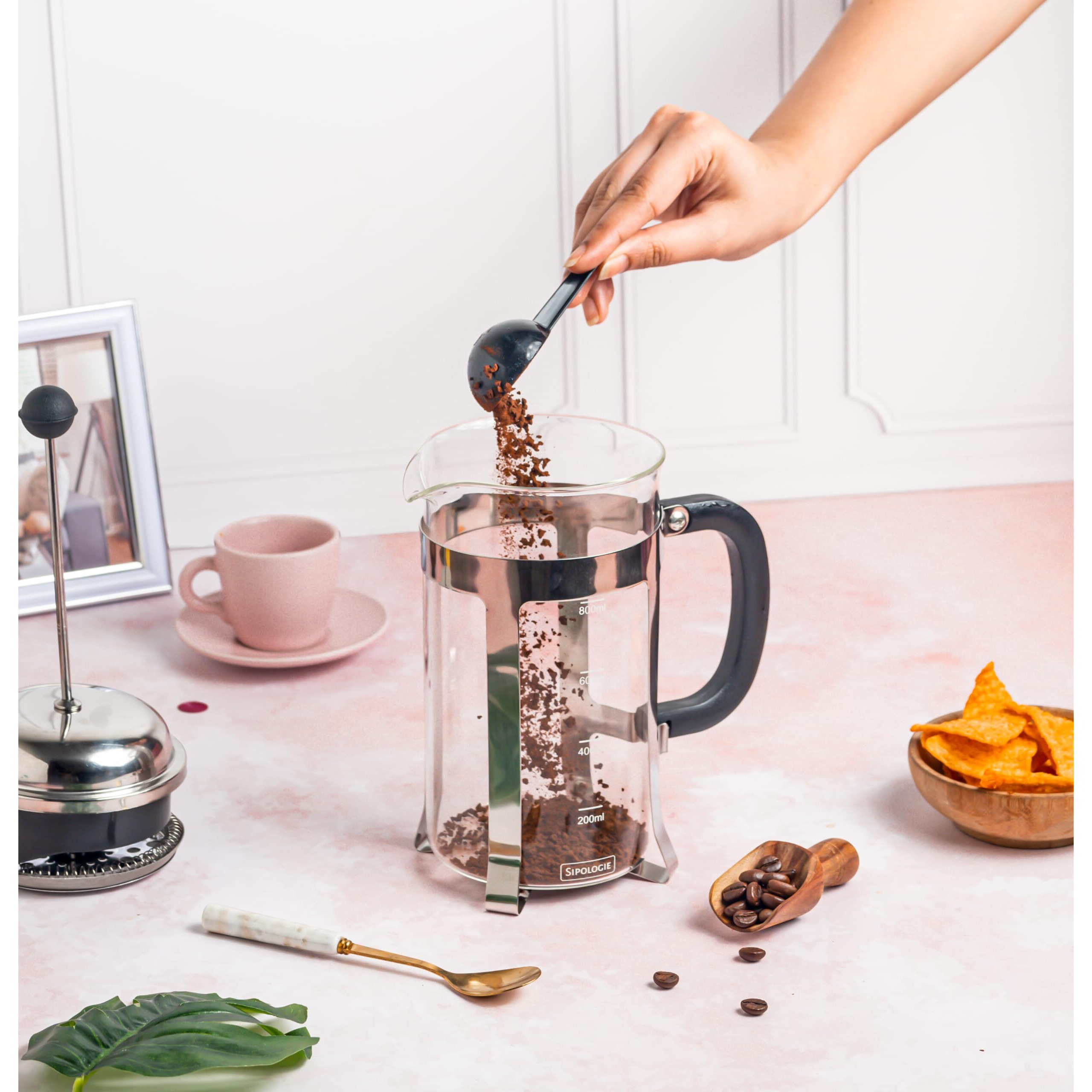 Sipologie Vintage Silver French Press Coffee Maker 1000Ml, Silver, 4-Level Filtration, Heat Resistant Borosilicate Glass, Stainless Steel Housing, Measurement Marking, Coffee Spoon, Extra Filter Mesh
