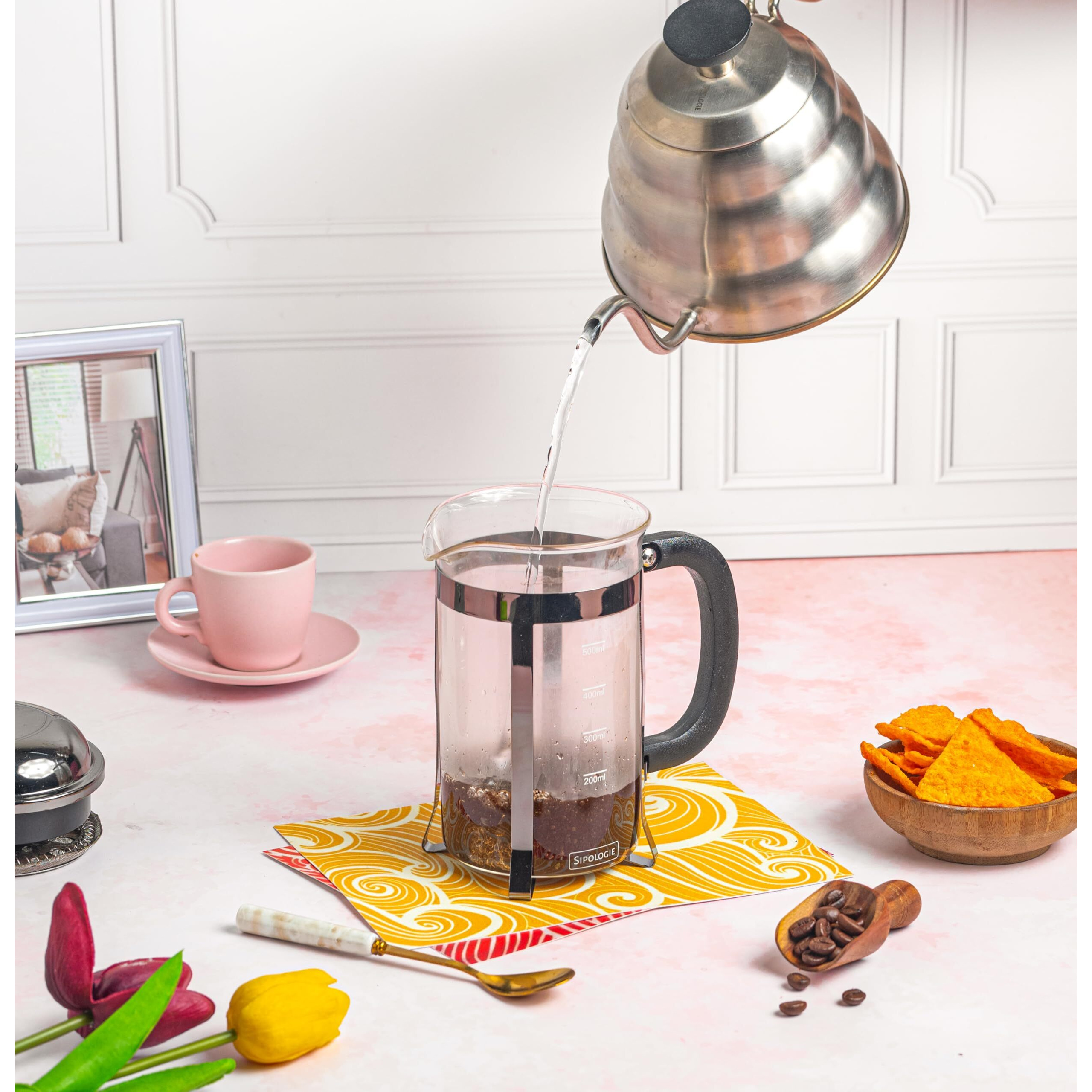 Sipologie Vintage Silver French Press Coffee Maker 1000Ml, Silver, 4-Level Filtration, Heat Resistant Borosilicate Glass, Stainless Steel Housing, Measurement Marking, Coffee Spoon, Extra Filter Mesh