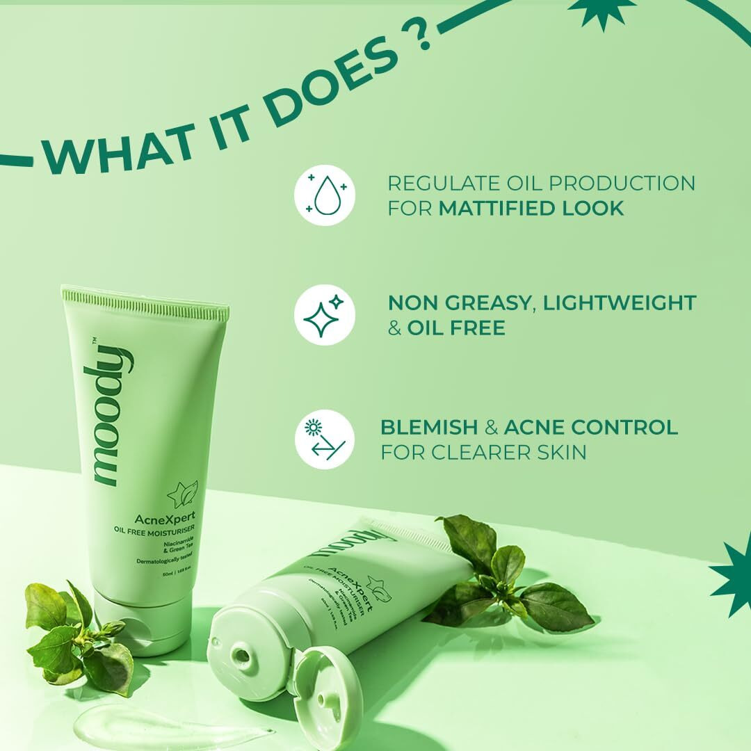 Moody Acnexpert Oil Free Moisturiser With Green Tea & Squalane | Reduces Blemishes, Excess Oil & Acne Marks For Radiant & Even Skin Tone | Non-Greasy & Light Weight Moisturizer For All Skin Type, 50Ml