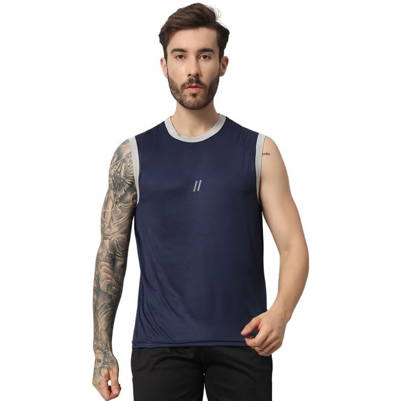 Aticx Men's Slim Fit Polyester Sleeveless T Shirt - Sando Top Tank Muscle Tee For Sports, Gym, Running (Berry Blue_L)