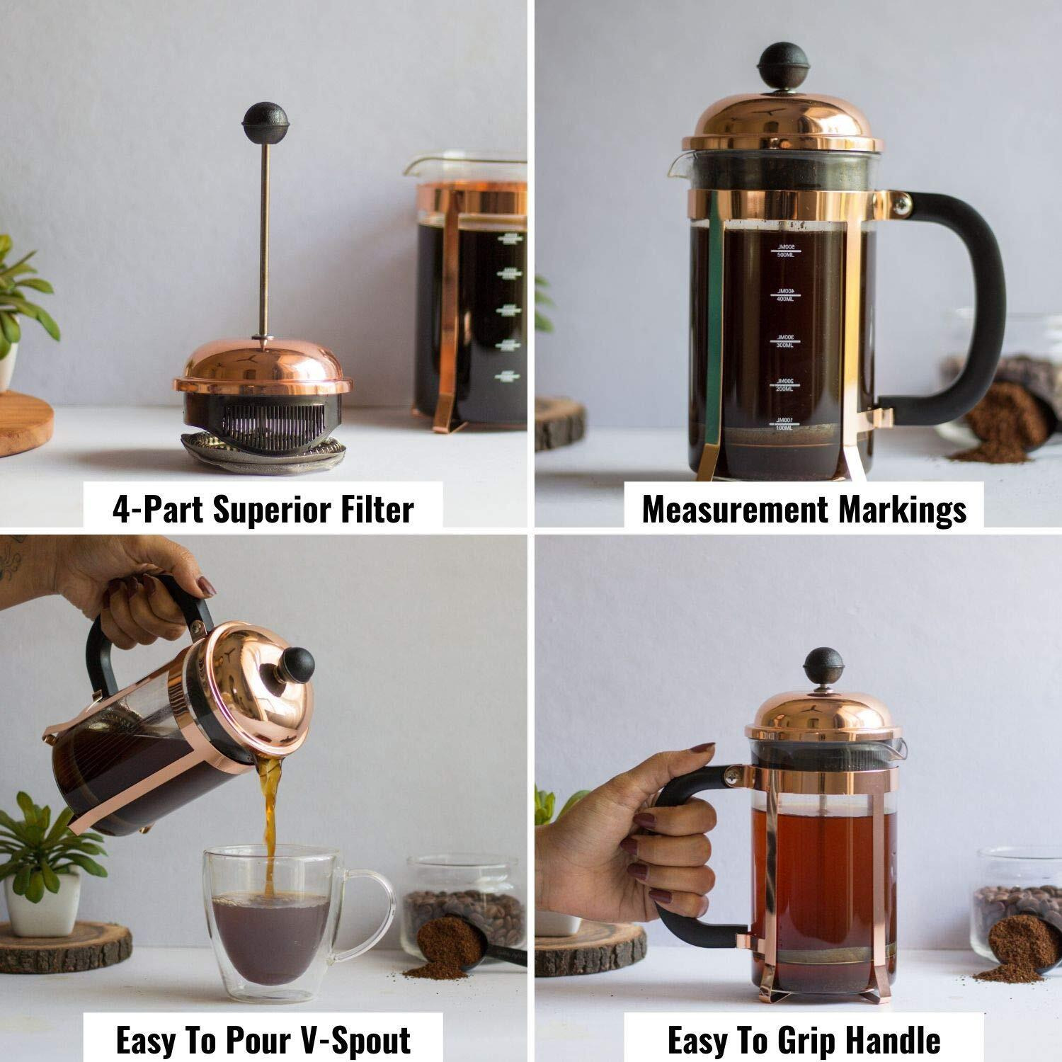 Instacuppa French Press Coffee Maker With 4 Part Superior Filtration 600 Ml, Copper