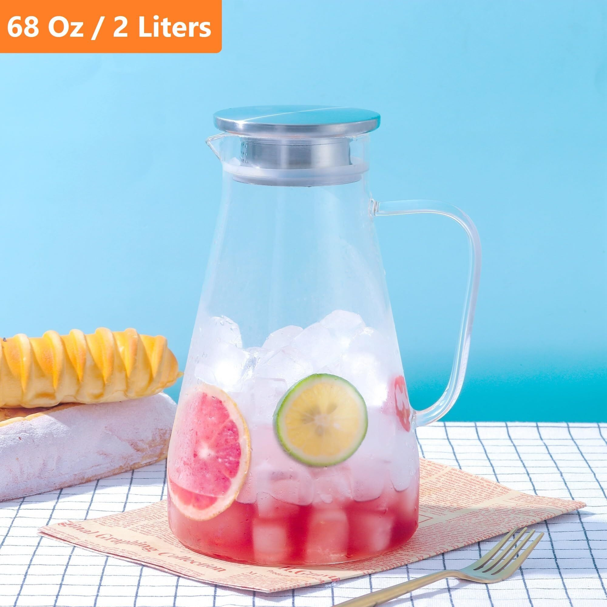 Tbgllmy 2 Liter 68 Ounces Glass Pitcher With Lid, Hot&Cold Water Pitcher With Handle, For Homemade Beverage, Juice, Iced Tea And Milk