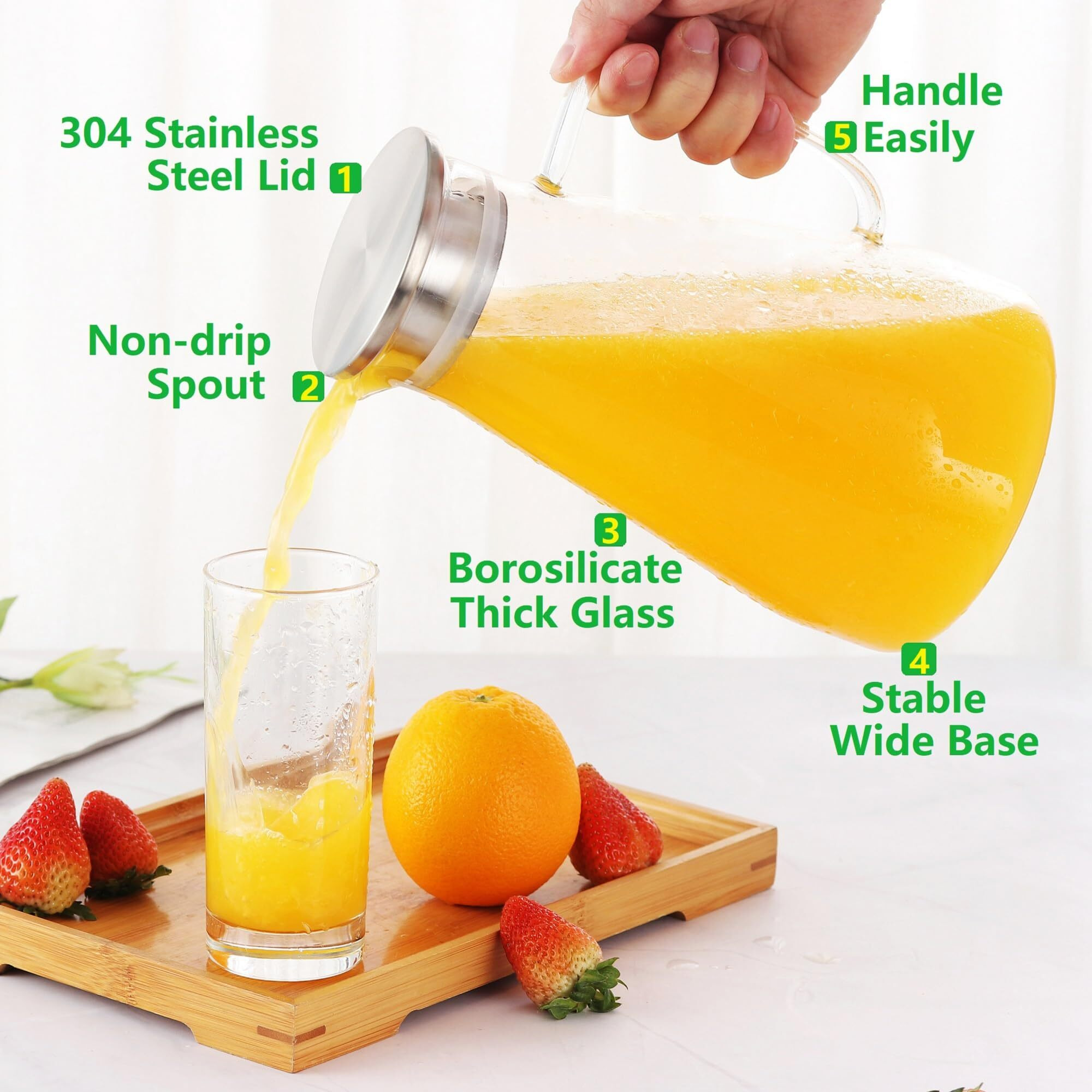 Tbgllmy 2 Liter 68 Ounces Glass Pitcher With Lid, Hot&Cold Water Pitcher With Handle, For Homemade Beverage, Juice, Iced Tea And Milk