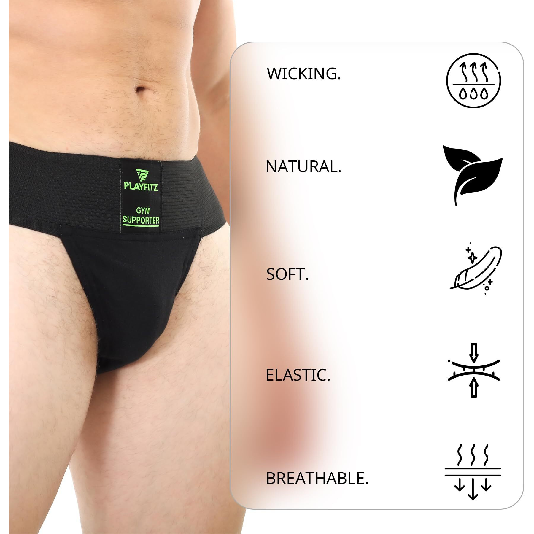 Playfitz Tokyo Gym Supporter For Men, Sports Underwear For Men For Workout In Gym Stretchable Cotton, Men's Cotton Briefs Moisture Wicking Supporter For Cricket, Running, Gym Quick Dry, M (Black)
