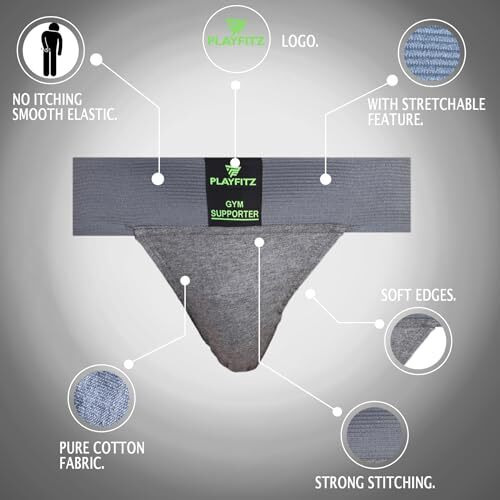 Playfitz Tokyo Gym Supporter For Men, Sports Underwear For Men For Workout In Gym Stretchable Cotton, Men's Cotton Briefs Moisture Wicking Supporter For Cricket, Running, Gym Quick Dry, L (Grey)