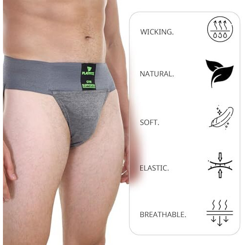 Playfitz Tokyo Gym Supporter For Men, Sports Underwear For Men For Workout In Gym Stretchable Cotton, Men's Cotton Briefs Moisture Wicking Supporter For Cricket, Running, Gym Quick Dry, L (Grey)