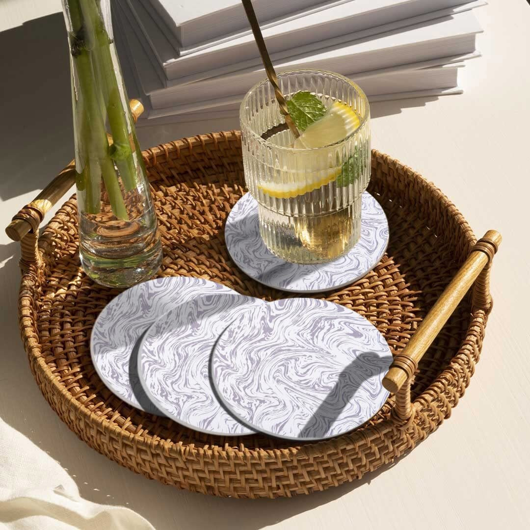 Decor & More - Ceramic Coasters With Matt Finish On Top & Cork Base | Coasters For Cups Set Of 6 | Marble Style Ceramic Coaster For Tea, Coffee Table & Dining Table With Metal Holder
