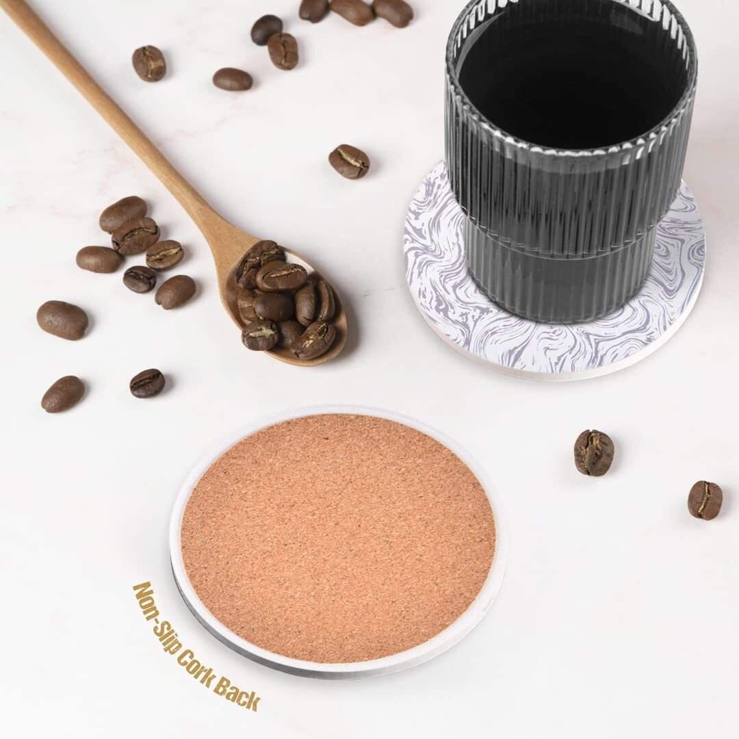 Decor & More - Ceramic Coasters With Matt Finish On Top & Cork Base | Coasters For Cups Set Of 6 | Marble Style Ceramic Coaster For Tea, Coffee Table & Dining Table With Metal Holder