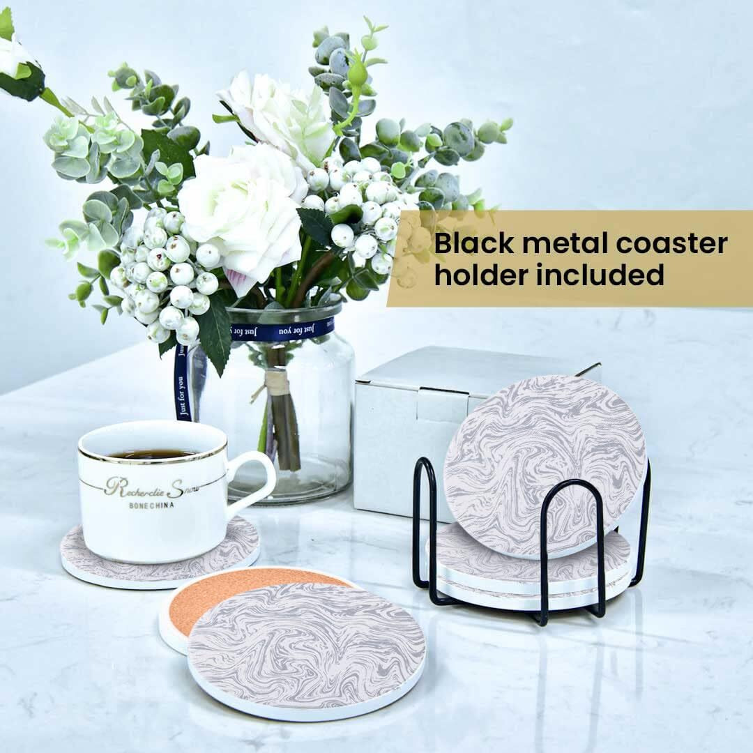 Decor & More - Ceramic Coasters With Matt Finish On Top & Cork Base | Coasters For Cups Set Of 6 | Marble Style Ceramic Coaster For Tea, Coffee Table & Dining Table With Metal Holder