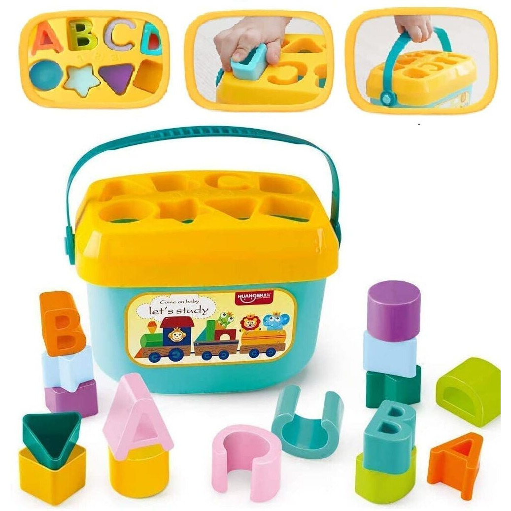 Royal Hub First Shape Sorting Blocks Educational Blocks Activity Toys 16 Building Collection Abcd Alphabets Game Cube To Kids Development Storage Bucket Counting Learning Toys, Multicolor, 16 Pcs