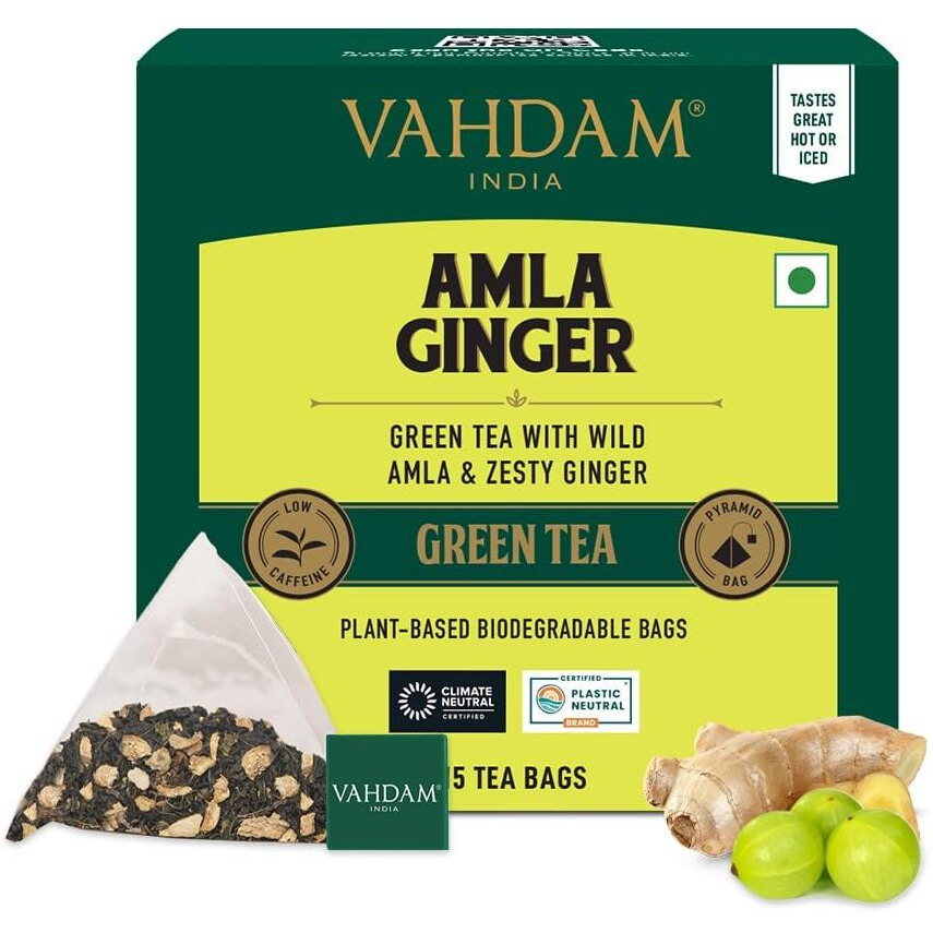 Vahdam Amla Ginger Tea - 15 Green Tea Bags | Vitamin C Fortified Digestive Health Drink | High Nutrition Pratapgarh Amla Variety | Herbal Tea For Immunity