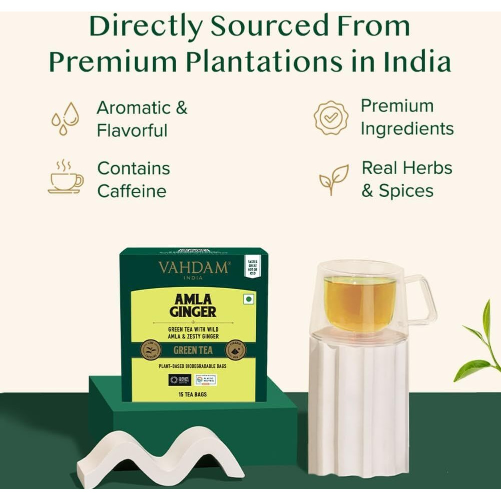 Vahdam Amla Ginger Tea - 15 Green Tea Bags | Vitamin C Fortified Digestive Health Drink | High Nutrition Pratapgarh Amla Variety | Herbal Tea For Immunity
