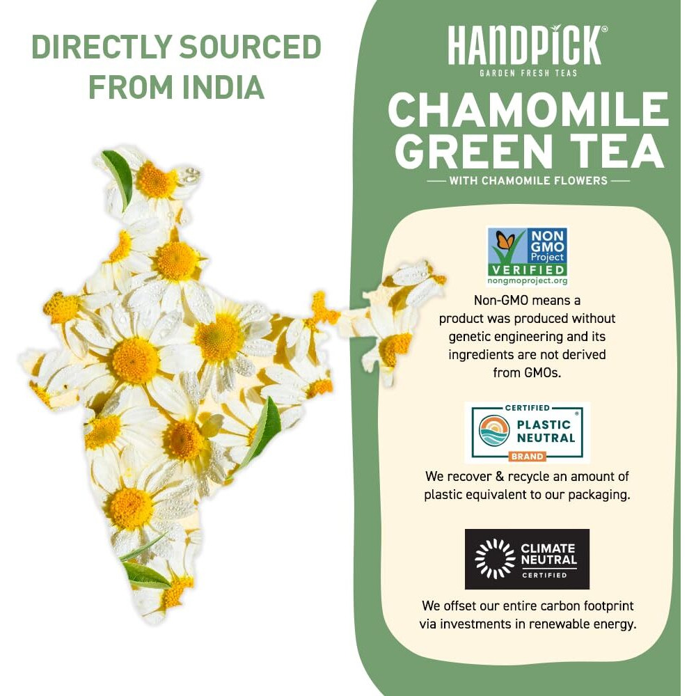 Handpick Usda Organic Green Tea With Pure Chamomile (100 Tea Bags), Made With Himalayan Green Tea And Natural Chamomile Flower Leaves