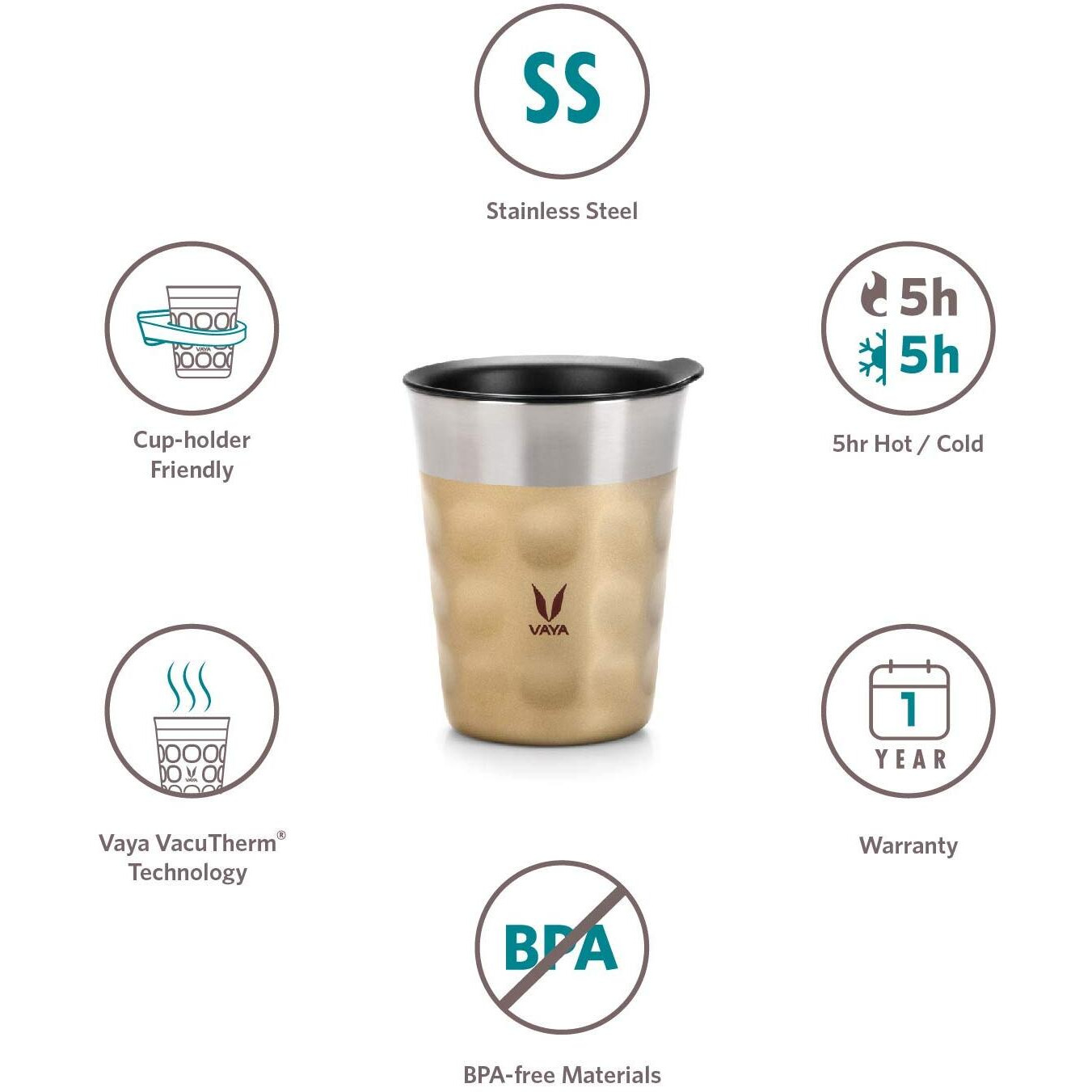 Vaya Popcup Insulated Coffee Mug With Lid 500Ml, Stainless Steel Hot & Cold Coffee, Water And Teacup,Double-Walled Insulated Tumbler, Keeps Beverages Hot & Cold For 5 Hrs,2X250Ml,Gold
