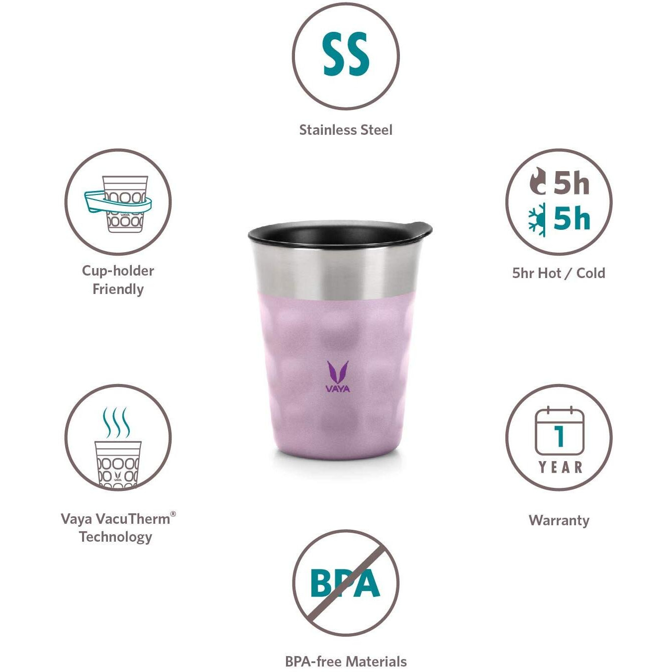Vaya Popcup Insulated Coffee Mug With Lid 500Ml, Stainless Steel Hot & Cold Coffee, Water And Teacup,Double-Walled Insulated Tumbler, Keeps Beverages Hot & Cold For 5 Hrs,2X250Ml,Purple
