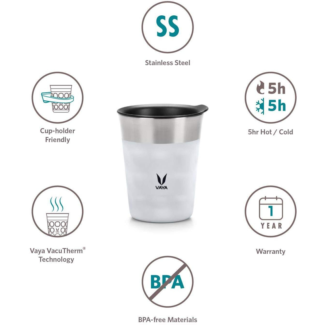 Vaya Popcup Insulated Coffee Mug With Lid 500Ml, Stainless Steel Hot & Cold Coffee, Water And Teacup,Double-Walled Insulated Tumbler, Keeps Beverages Hot & Cold For 5 Hrs,2X250Ml, Cool Grey