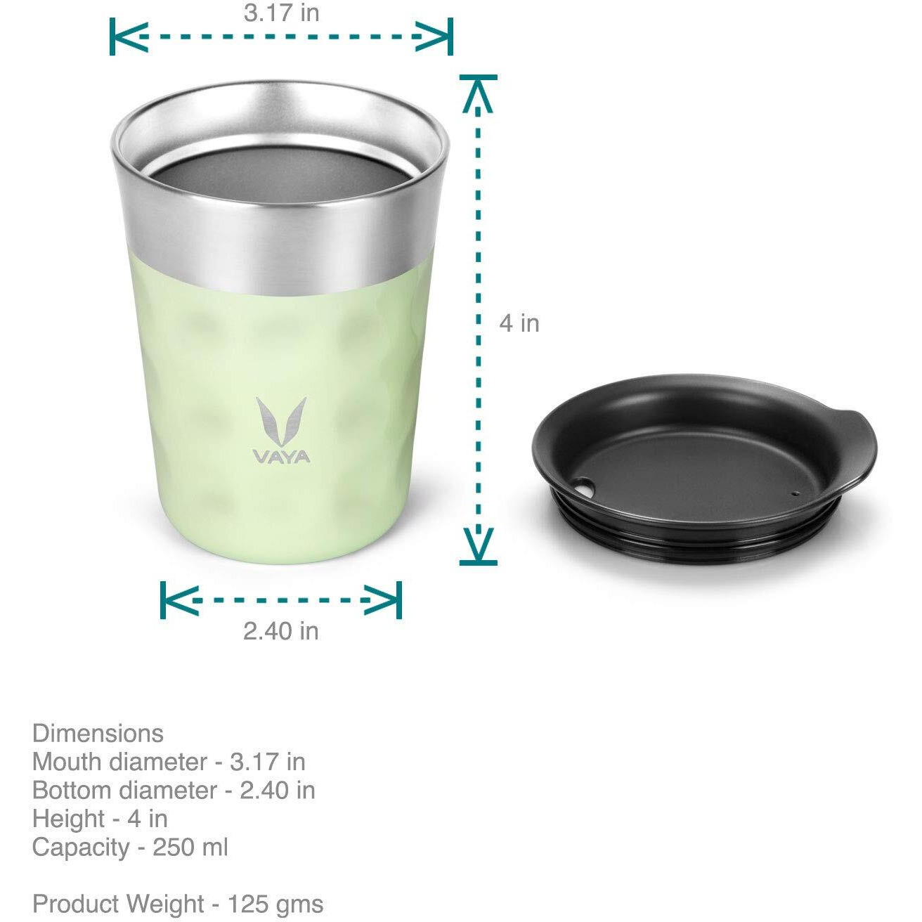 Vaya Popcup Insulated Coffee Mug With Lid 250Ml, Stainless Steel Hot & Cold Coffee, Water And Teacup,Double-Walled Insulated Tumbler, Keeps Beverages Hot & Cold For 5 Hrs,Winter Mint