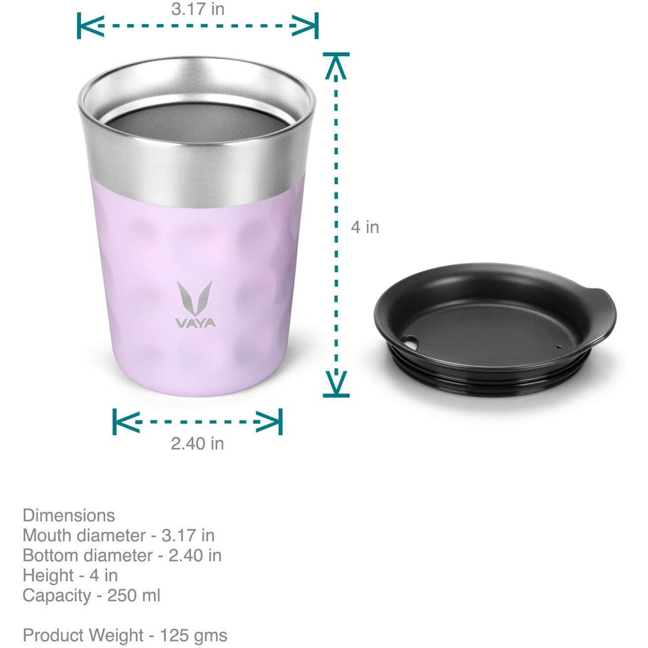Vaya Popcup Insulated Coffee Mug With Lid 250Ml , Stainless Steel Hot & Cold Coffee, Water And Teacup ,Double-Walled Insulated Tumbler, Keeps Beverages Hot & Cold For 5 Hrs ,Lilac Love