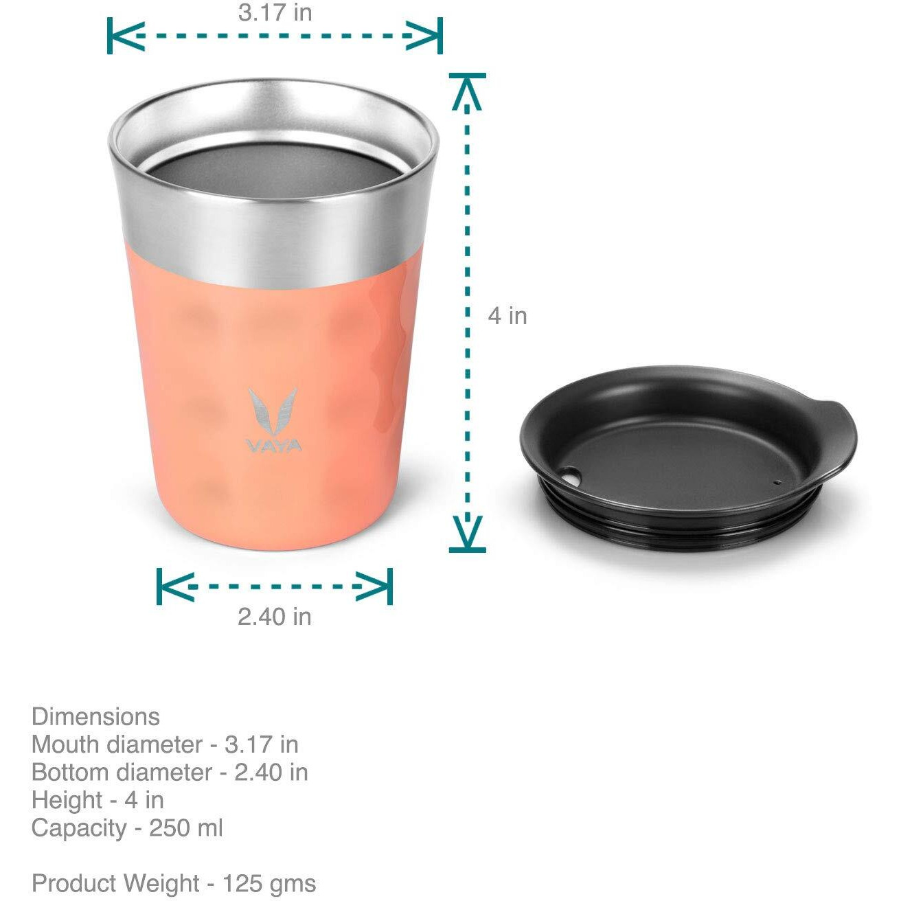 Vaya Popcup Insulated Coffee Mug With Lid 500Ml, Stainless Steel Hot & Cold Coffee, Water And Teacup,Double-Walled Insulated Tumbler, Keeps Beverages Hot & Cold For 5 Hrs,2X250Ml, Coral Crush