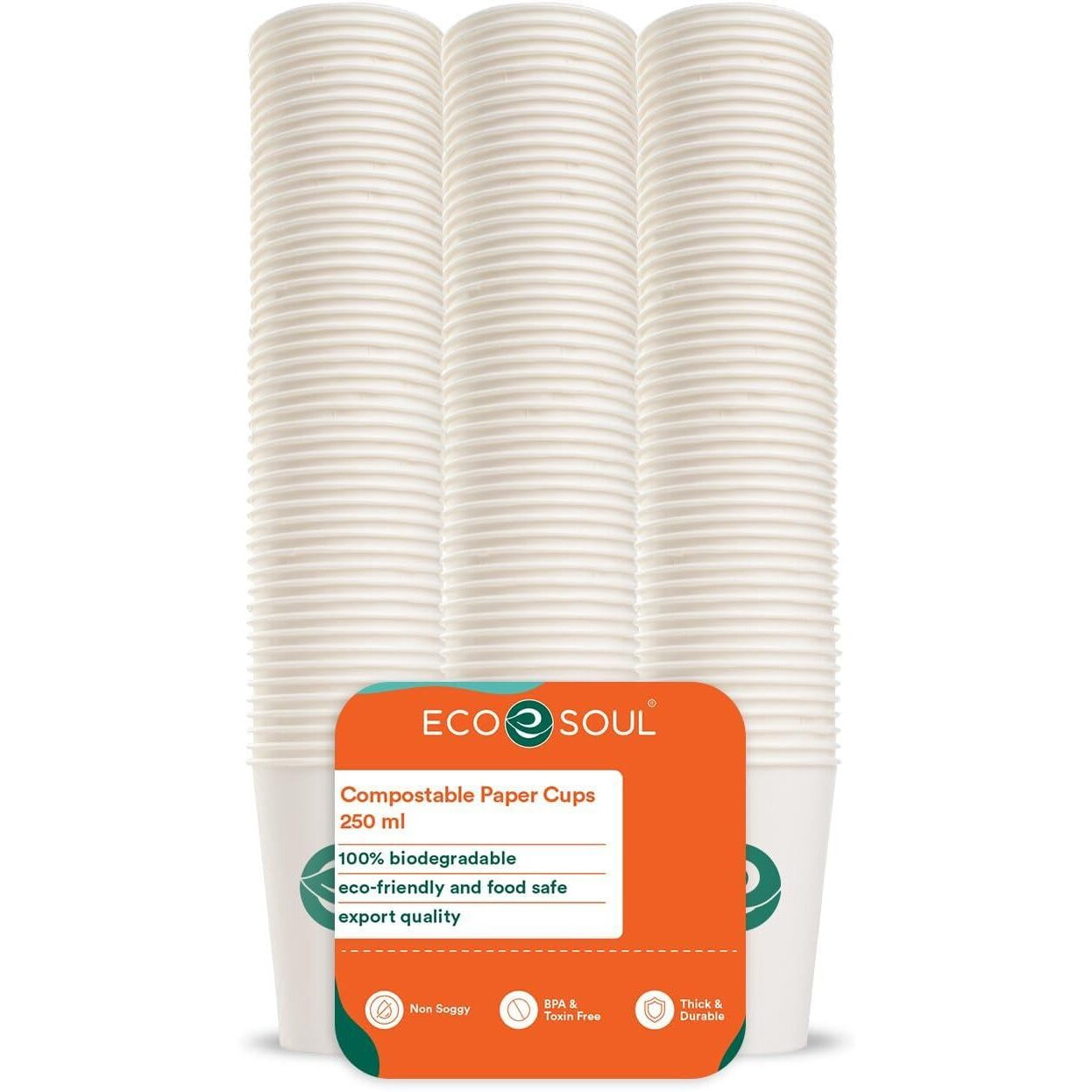 Eco Soul [250 Ml, 100 Count Disposable White Paper Cups| Plastic-Free Aqueous Coated | Eco-Friendly & Biodegradable Cups | Use & Throw Party Glasses | Ideal For Tea, Coffee & Water | 250 Gsm