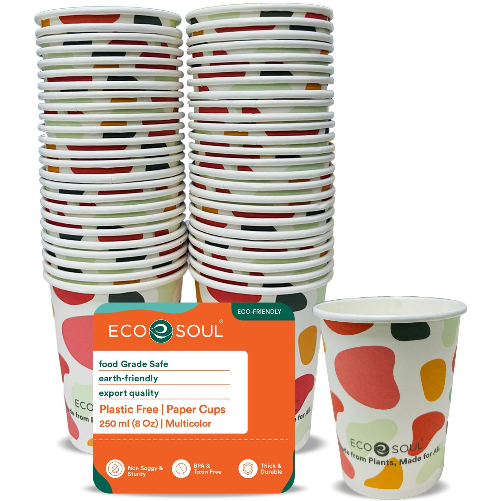 Eco Soul [250 Ml, 50 Count] Disposable Multi-Colour Paper Cups| Plastic-Free Aqueous Coated | Eco-Friendly & Biodegradable Cups | Use & Throw Party Glasses | Ideal For Tea, Coffee & Water | 250 Gsm